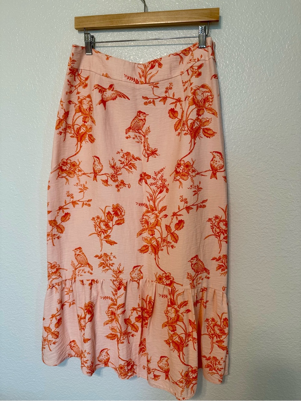 Glamorous Pink Midi Skirt with Orange Bird & Floral Print